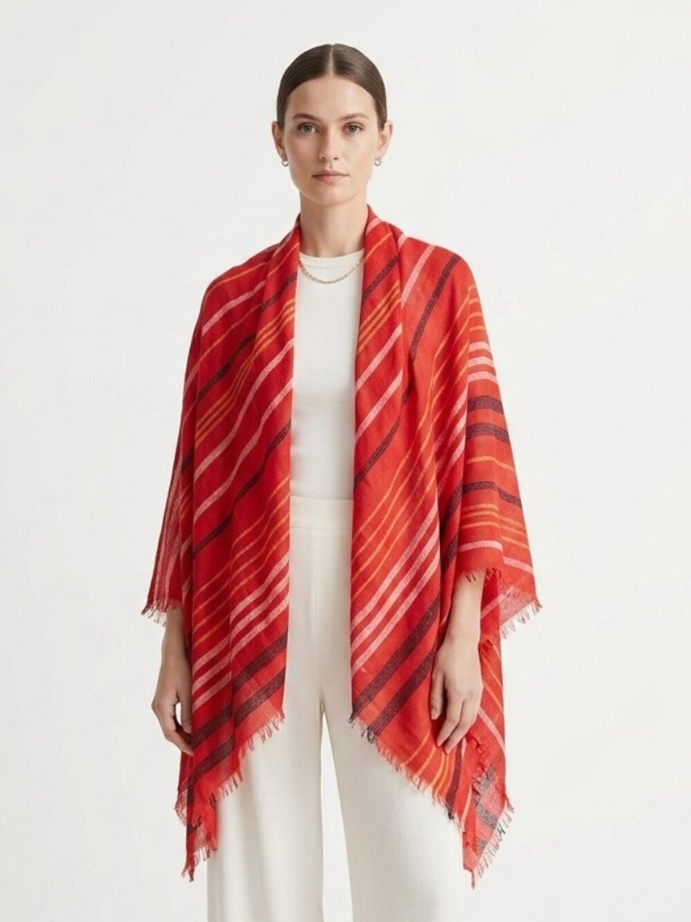 BCBGMaxAzria Scarf Red Stripes Fringe Festival Shawl Casual